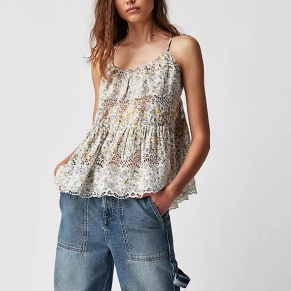 NWT Free People Sage Boho Floral Open Back Embroidered Tank Top